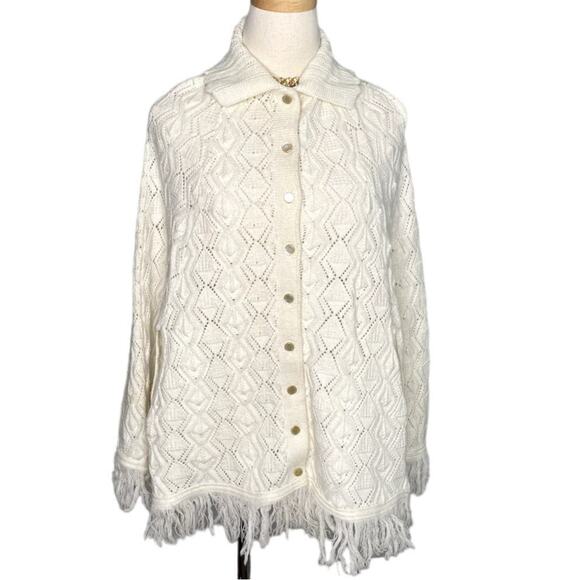 Vintage 70s/80s Ivory Cable Knit Fringe Poncho Sweater Cape Pearl Button Western - Picture 2 of 7
